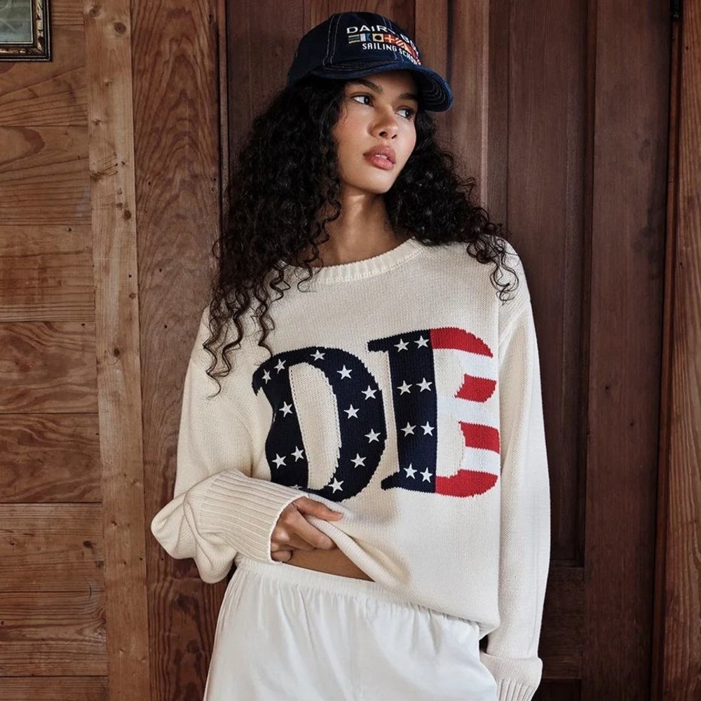 Dairy Boy Womens American Summer Sweater M Oatmeal Cotton Flag DB Coastal Preppy